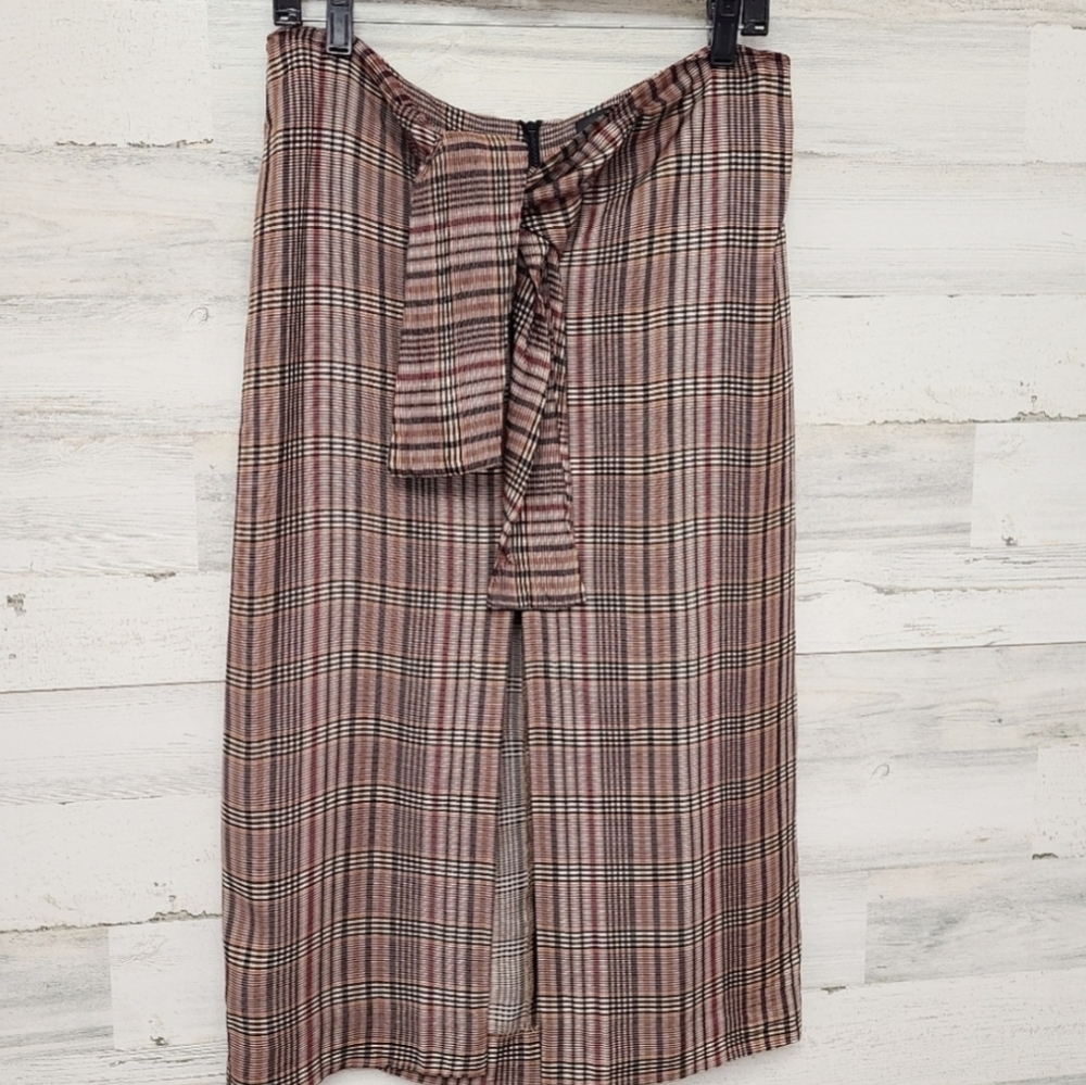 Zara plaid tie front midi skirt brown